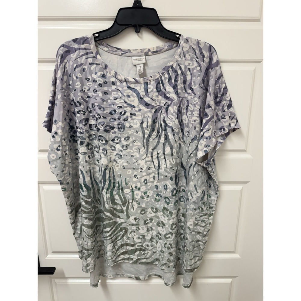 Chicos Weekends Women 3 XL 2X Short Sleeve Hi Lo Hem Stretch Blouse Top Grey